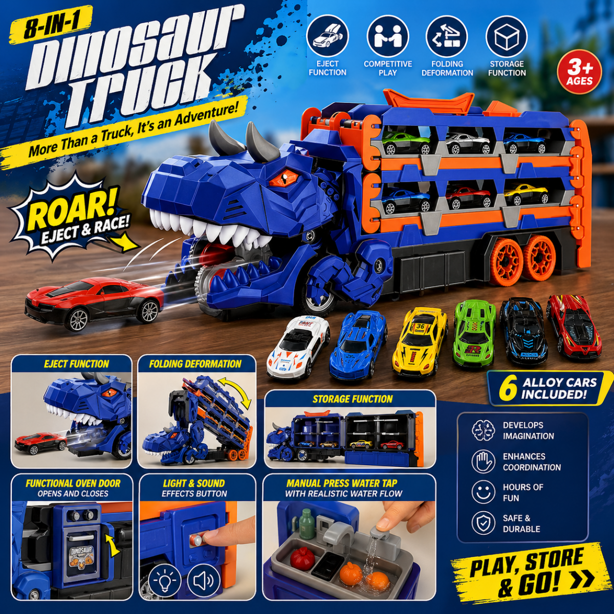 2-in-1 Dinosaur Transport Truck – Car Carrier & Launcher Hauler