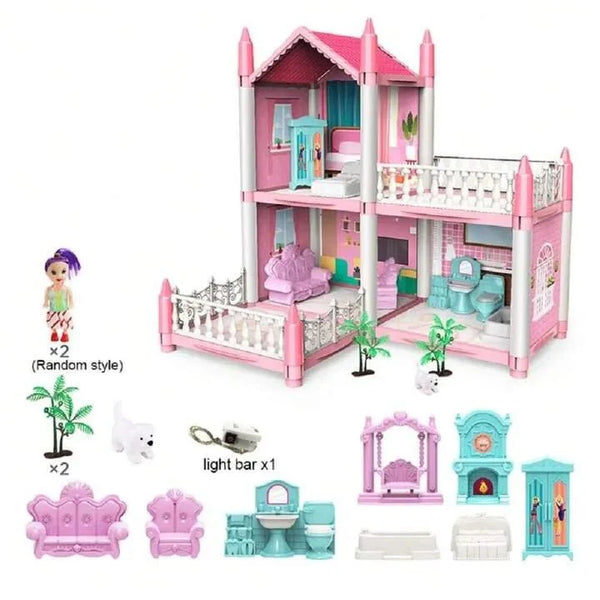 2-Story Princess Dollhouse Playset with Furniture, Dolls & Light Bar