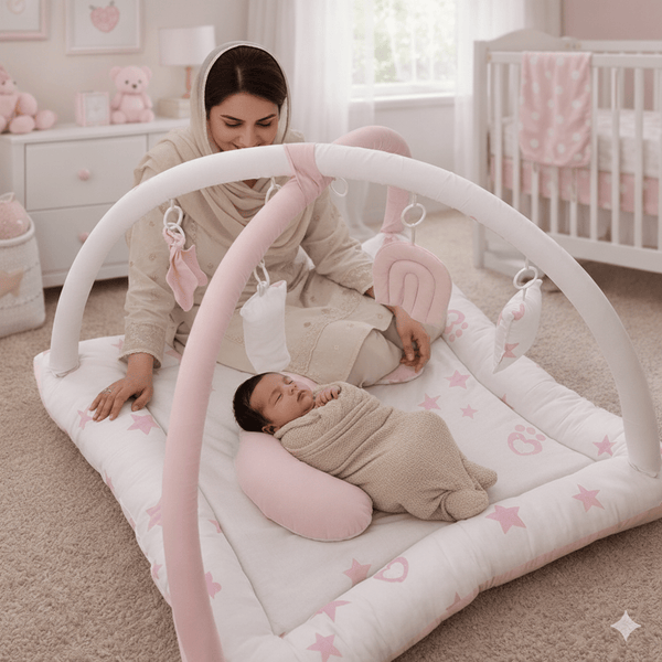 2in1 Reversible Baby Purple Pink Mat with Hanging Toys and Neck pillow