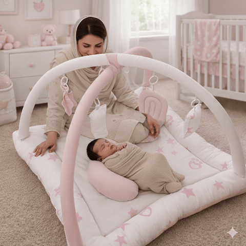 2in1 Reversible Baby Purple Pink Mat with Hanging Toys and Neck pillow
