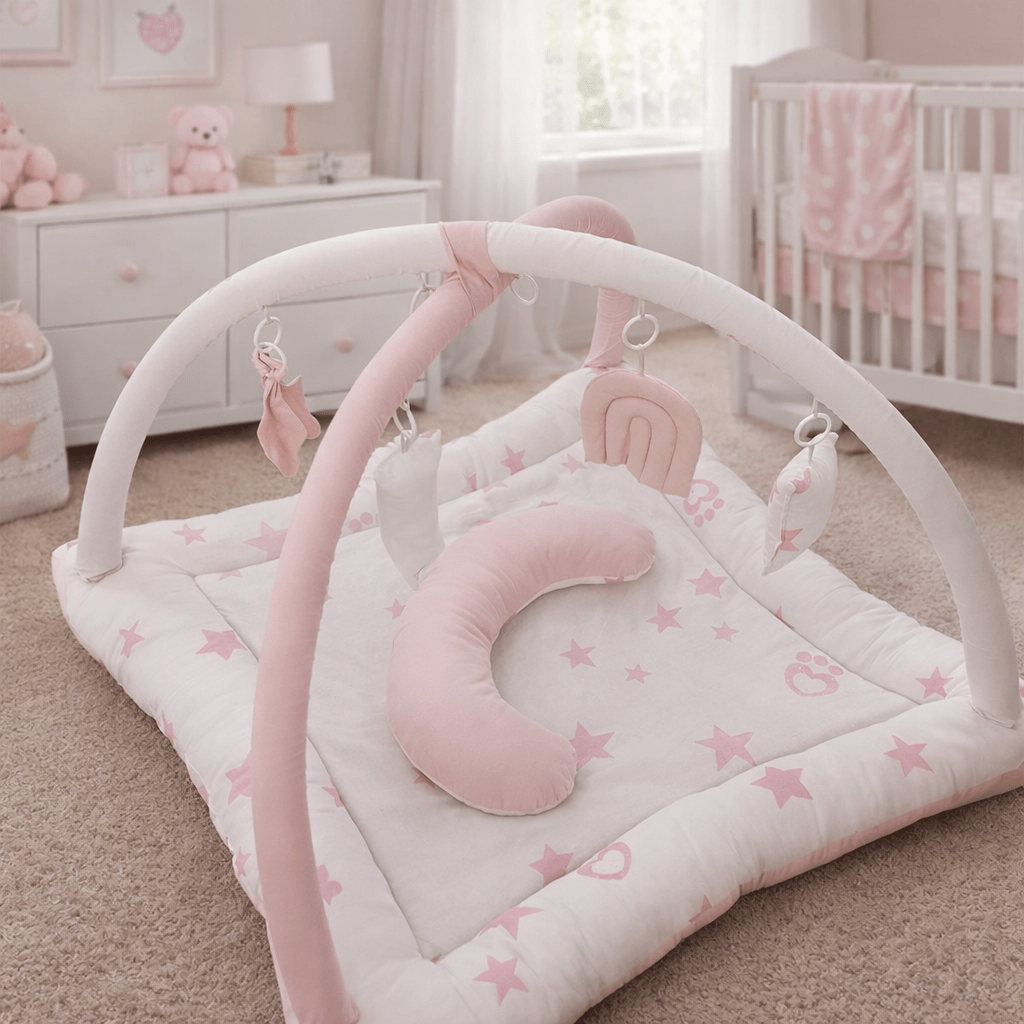 2in1 Reversible Baby Purple Pink Mat with Hanging Toys and Neck pillow