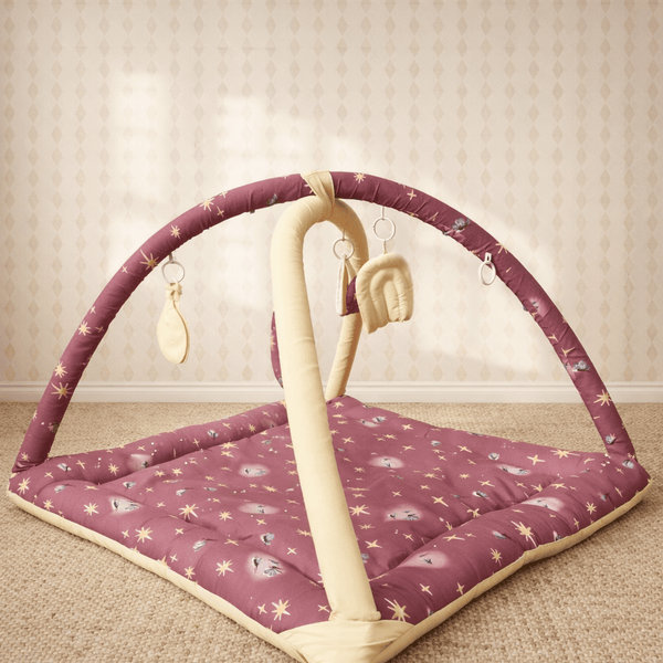 2in1 Reversible Purple & Yellow Playing Baby Mat with Hanging Toys and Neck pillow