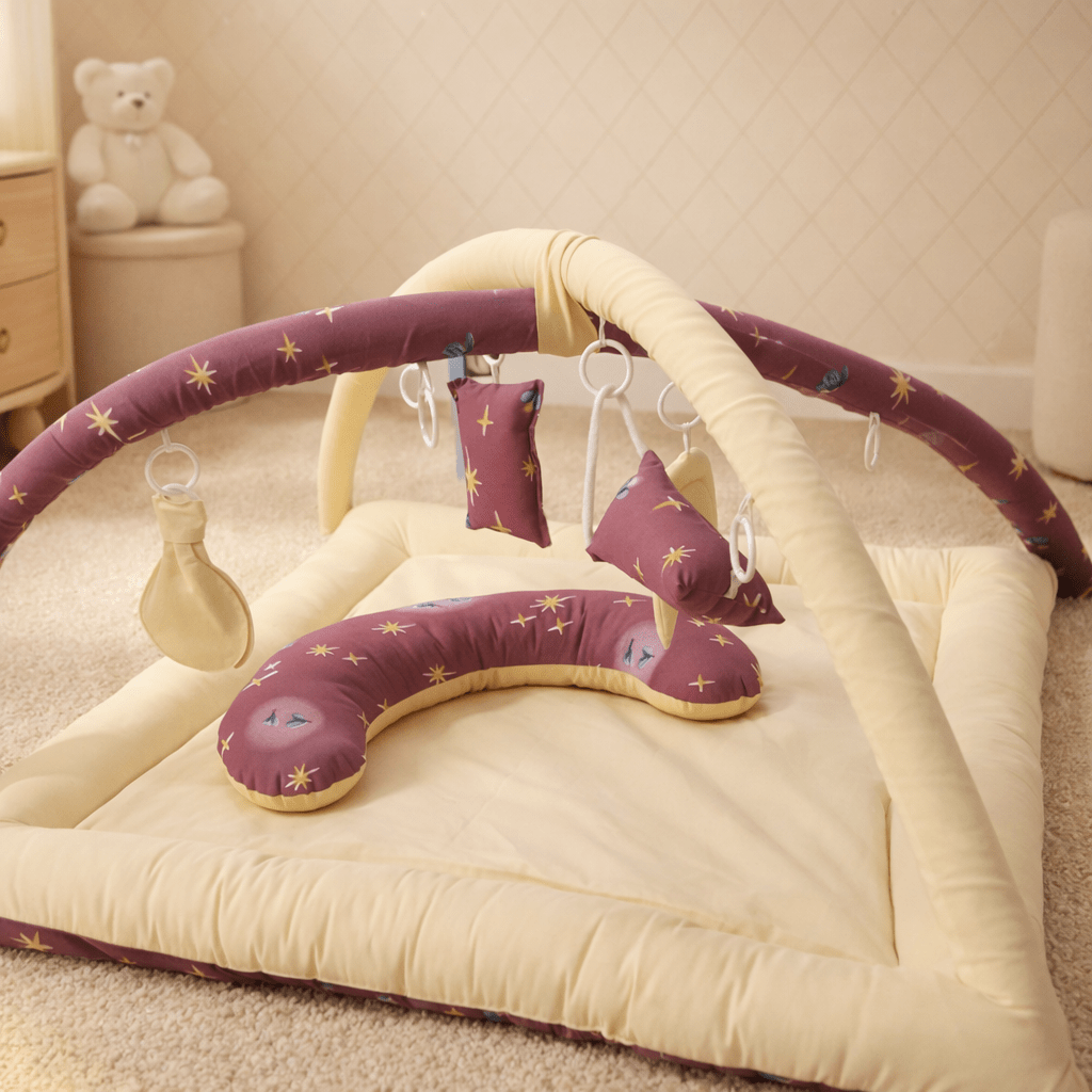 2in1 Reversible Purple & Yellow Playing Baby Mat with Hanging Toys and Neck pillow