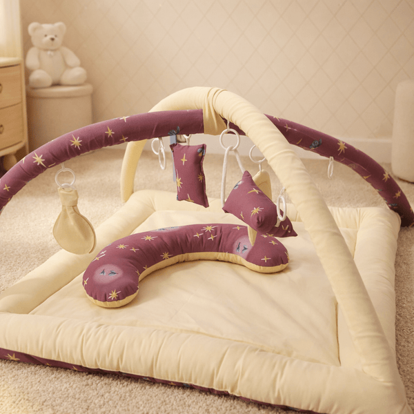 2in1 Reversible Purple & Yellow Playing Baby Mat with Hanging Toys and Neck pillow
