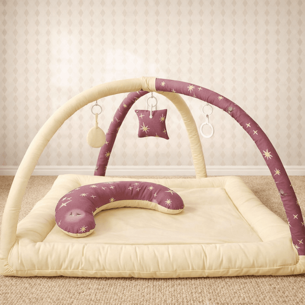 2in1 Reversible Purple & Yellow Playing Baby Mat with Hanging Toys and Neck pillow