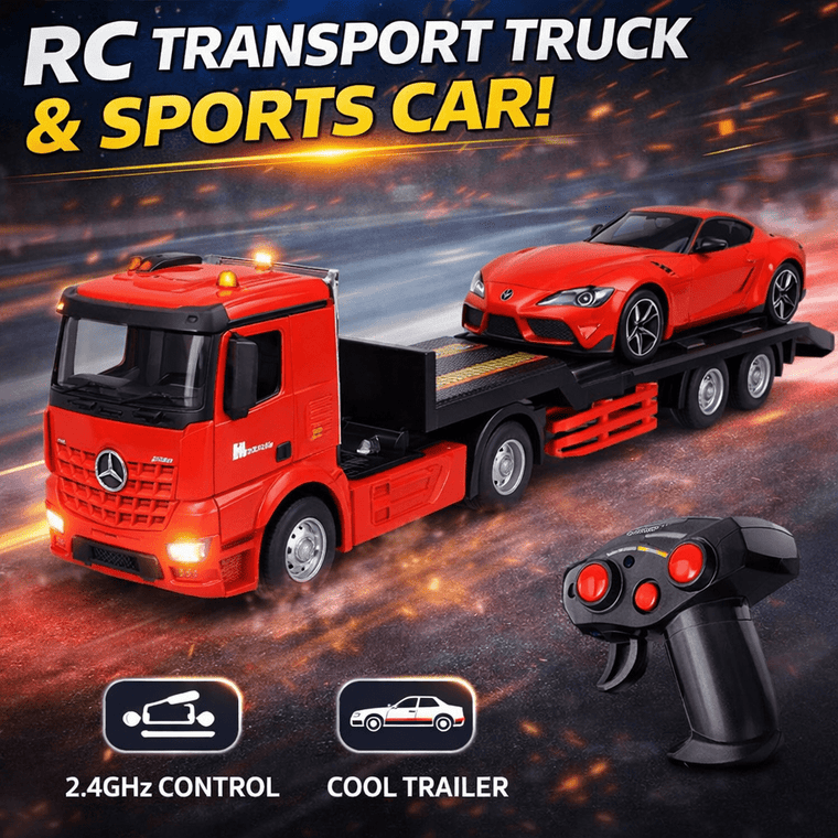 6-Channel RC Transport Truck with Sports Car – 2.4GHz Trailer Set for Kids