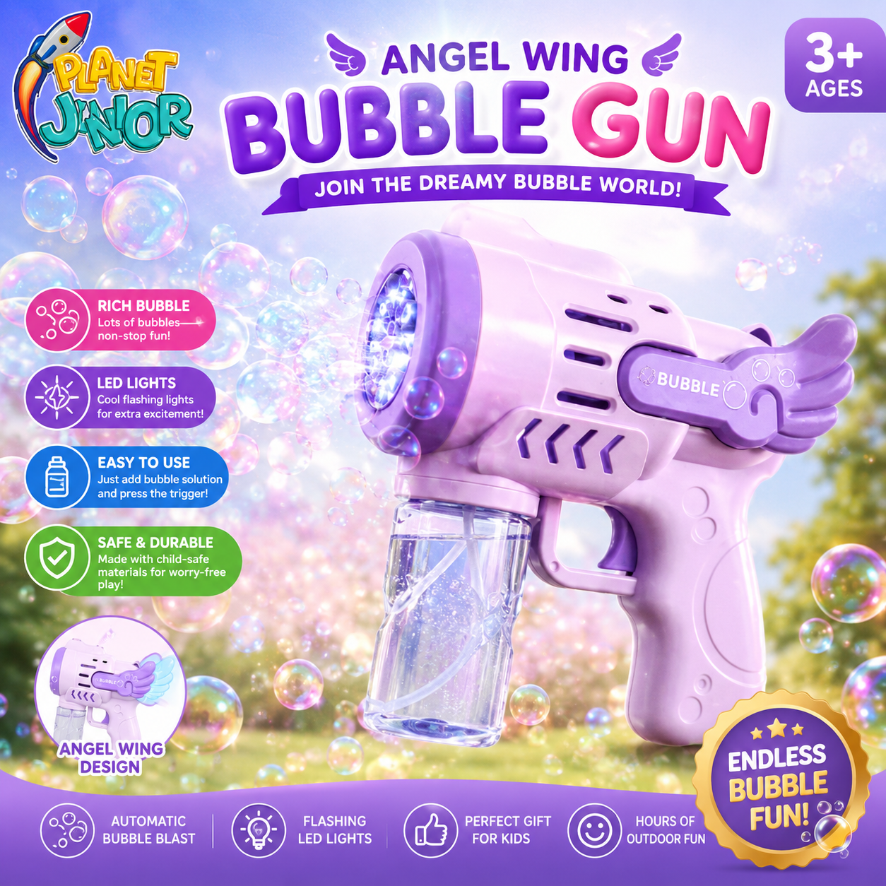 Angel Wing Automatic Bubble Blaster with Bubble Solution & LED Lights