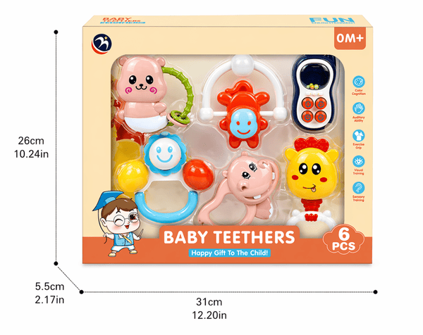 Baby Teether & Rattle Set | 6Pcs Soothing & Sensory Kit