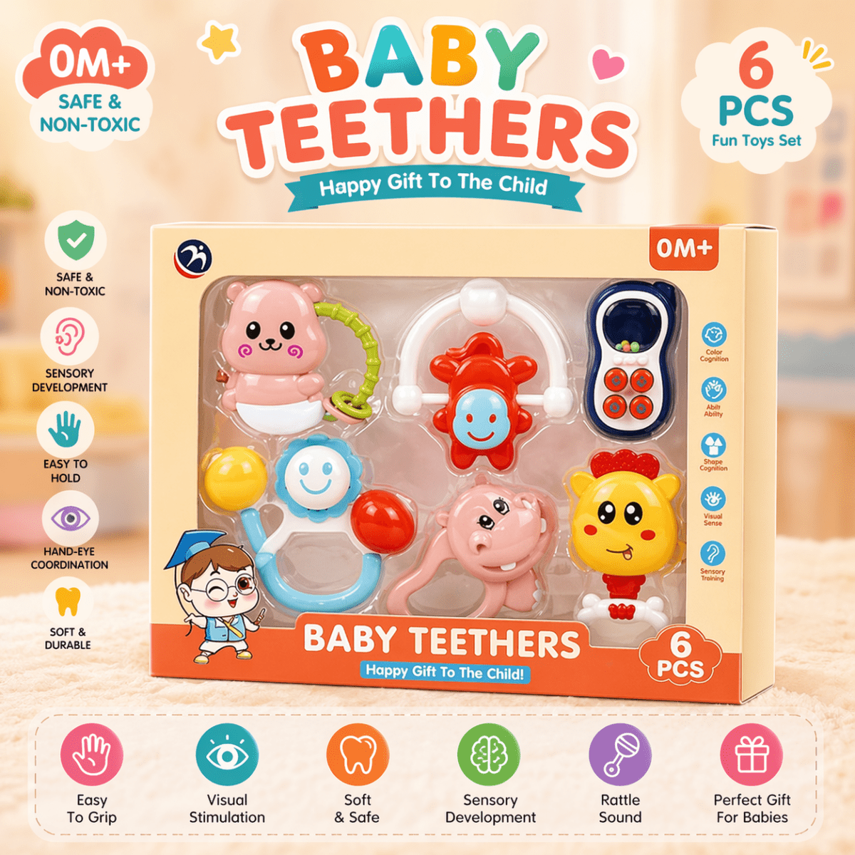 Baby Teether & Rattle Set | 6Pcs Soothing & Sensory Kit