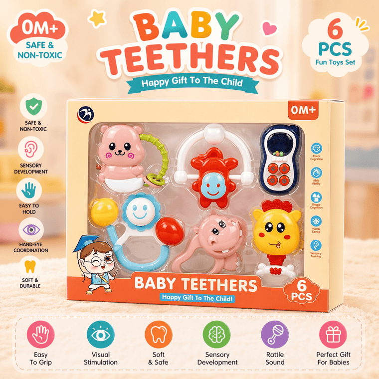 Baby Teether & Rattle Set | 6Pcs Soothing & Sensory Kit