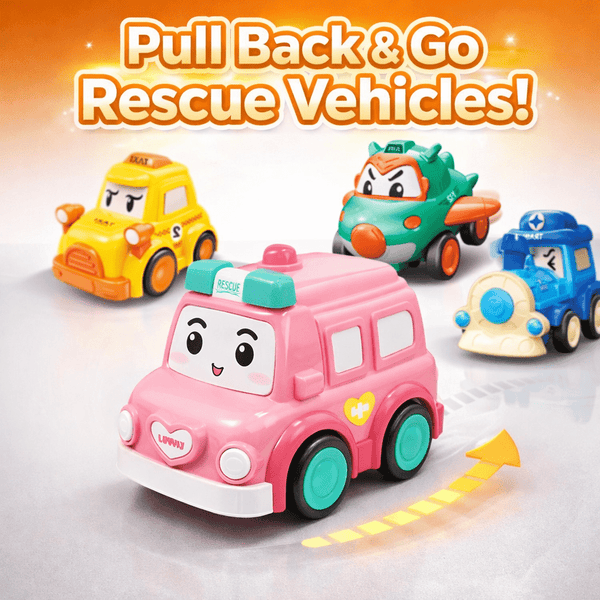 Cartoon Mini Rescue Cars Set – Pull Back Vehicle Play Collection | Pack of 4