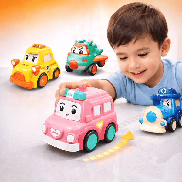 Cartoon Mini Rescue Cars Set – Pull Back Vehicle Play Collection | Pack of 4
