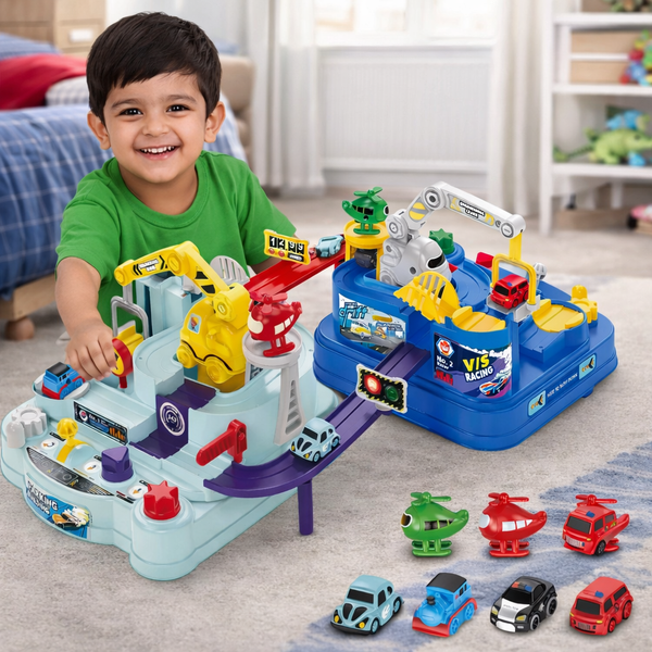 Construction Parking Playset – Multi-Level Track with Cars, Helicopters & Crane Fun