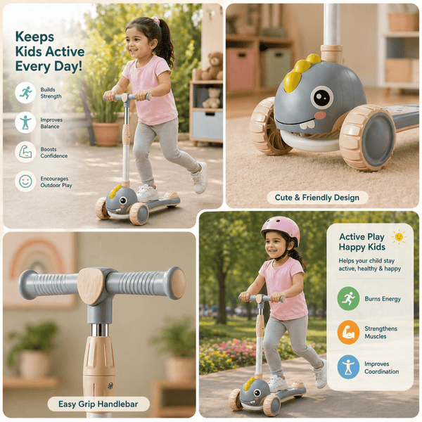 Cute Dino Kids Scooter – 3 Wheel Balance Ride-On with Adjustable Handle & Seat