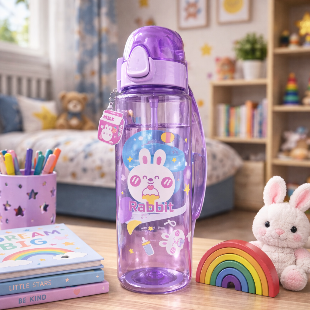 Cute Rabbit Kids Water Bottle – Leakproof Flip Lid, Straw & Easy Carry Design| 1000-ML