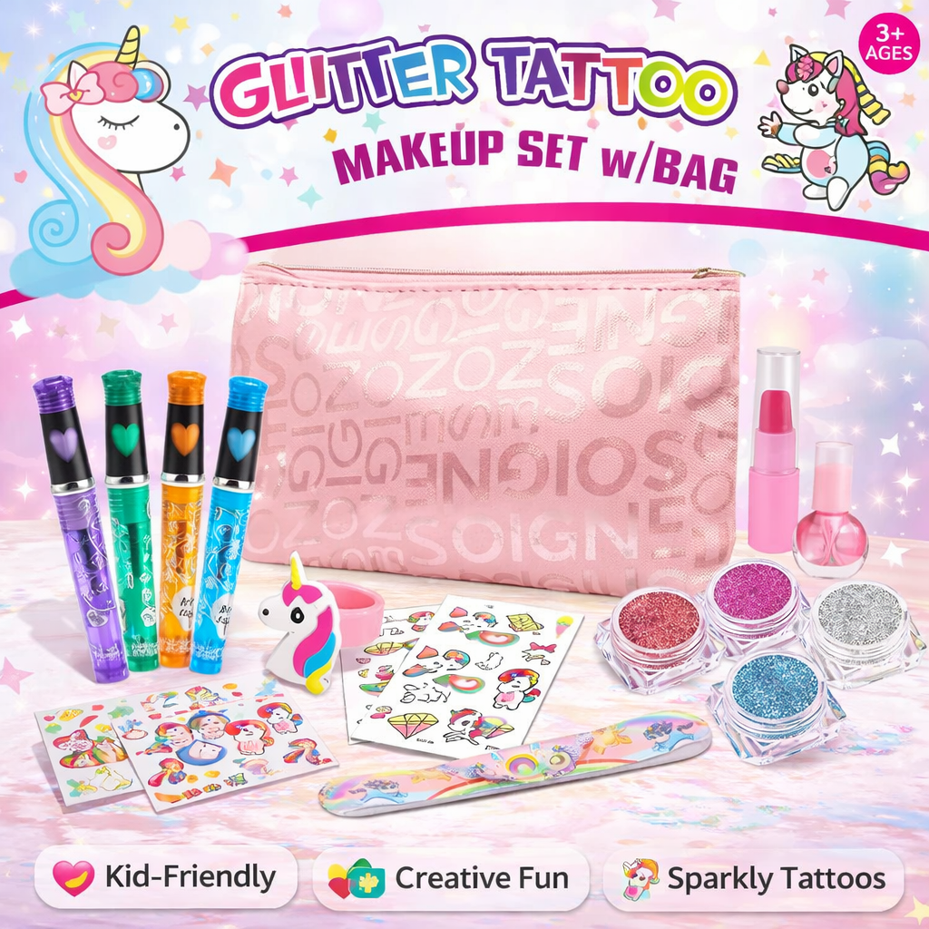Glitter Tattoo Makeup Kit with Bag – Kids Sparkling Body Art Set