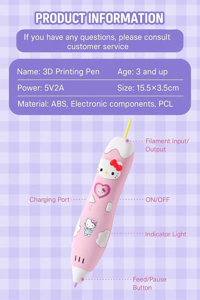 Hello Kitty 3D Printing Pen – Rechargeable & Safe for Kids!