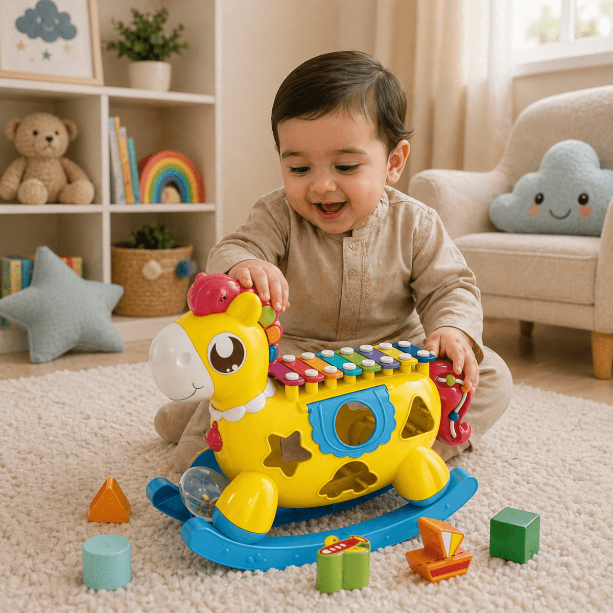 Huanger Rocking Horse Activity Center – Musical Learning Rocker with Shape Sorter & Xylophone