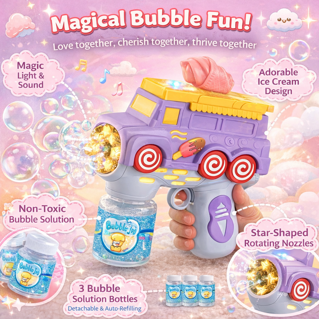 Ice Cream Truck Bubble Gun for Kids – Automatic Bubble Blaster with Light Fun