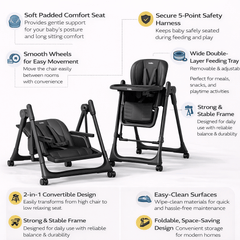 Kidilo Premium 2-in-1 Baby Feeding High Chair with Wheels & Safety Harness