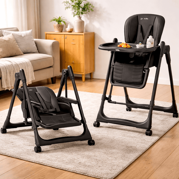 Kidilo Premium 2-in-1 Baby Feeding High Chair with Wheels & Safety Harness