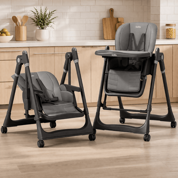 Kidilo Premium 2-in-1 Baby Feeding High Chair with Wheels & Safety Harness