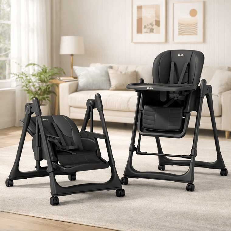Kidilo Premium 2-in-1 Baby Feeding High Chair with Wheels & Safety Harness
