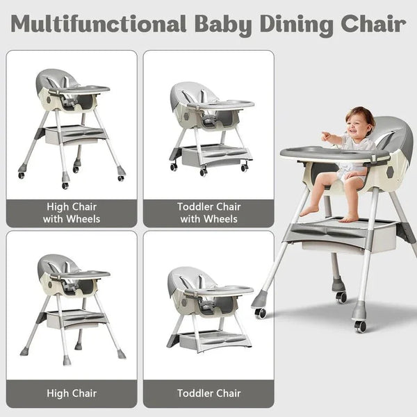 Kidilo Premium 3-in-1 Convertible Baby Feeding High Chair with Wheels