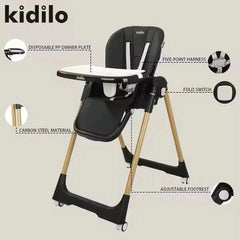 Kidilo  Adjustable 2-in-1 Baby Feeding High Chair with Reclining Seat, Wheels & 5-Point Safety Harness