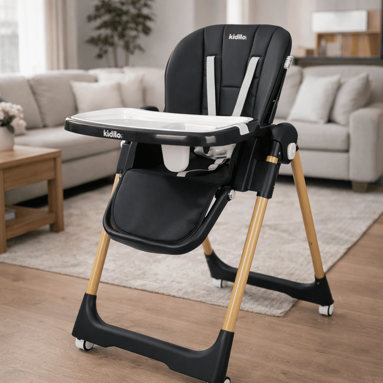 Kidilo  Adjustable 2-in-1 Baby Feeding High Chair with Reclining Seat, Wheels & 5-Point Safety Harness
