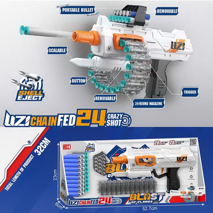 Kids Soft Bullet Blaster – Chain-Fed 24 Crazy Shot Gun for Shooting Games