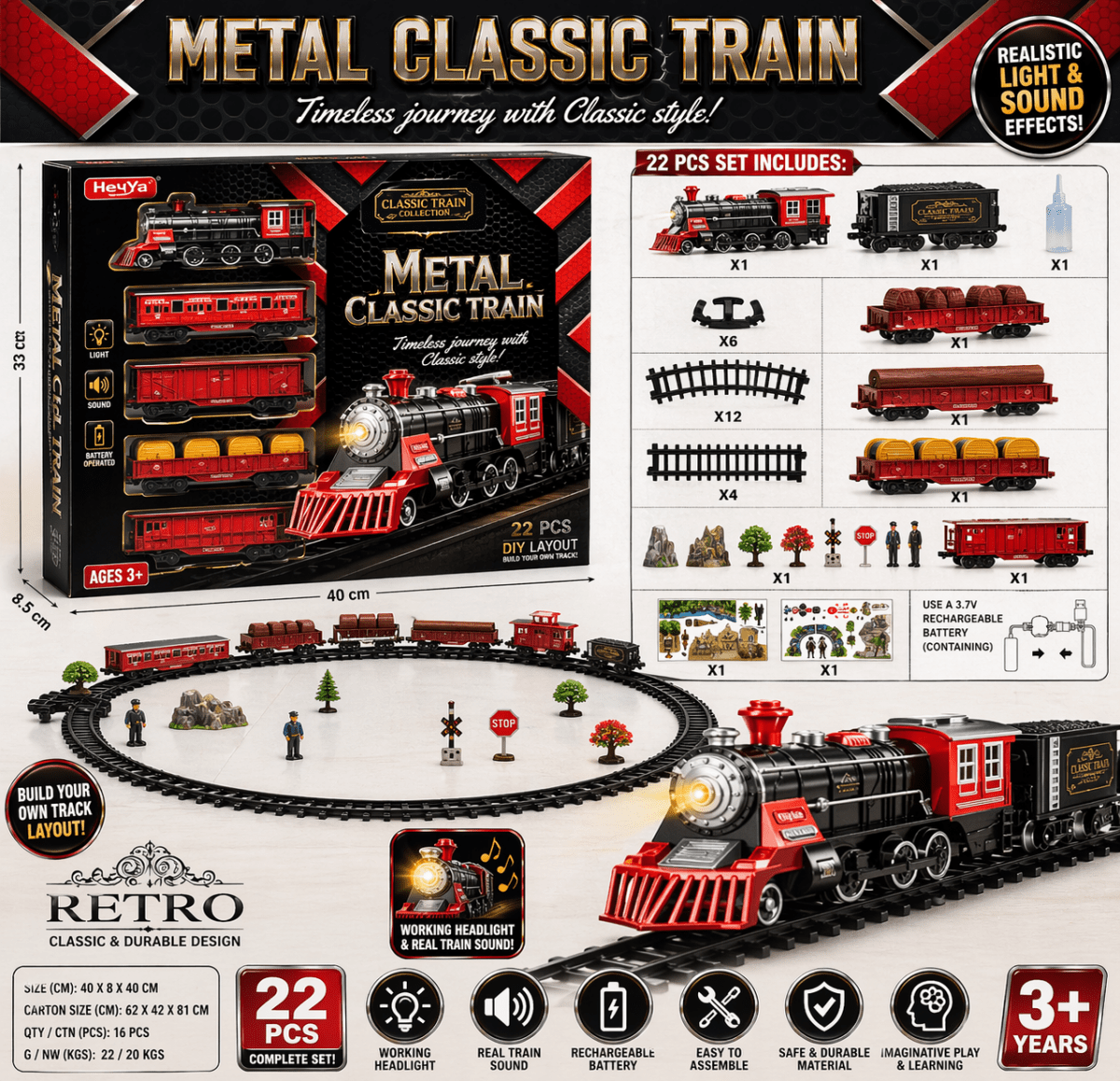Metal Classic Train Set – Retro Railway with Track & Carriages