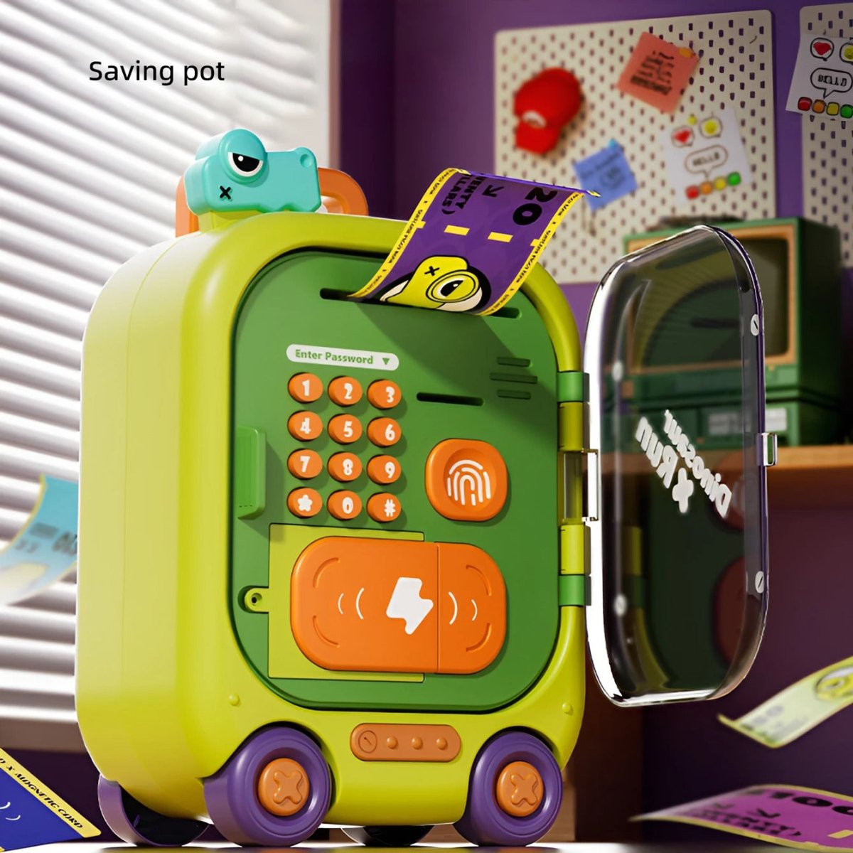 Monster-Themed Password Money Bank ATM Machine with Wheels | Thumb Impression, Password, Sound And Light