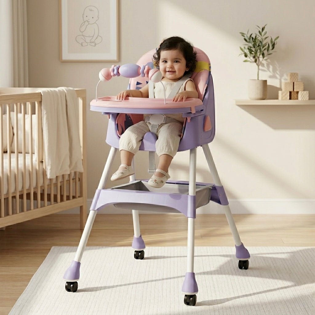 MotherCare Baby Feeding High Chair with Toy Bar – Pink & Purple