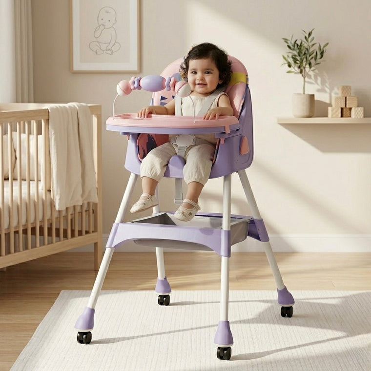 MotherCare Baby Feeding High Chair with Toy Bar – Pink & Purple