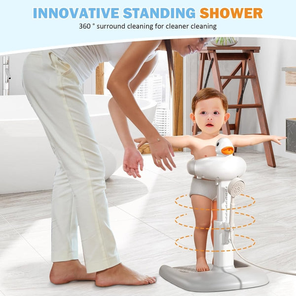 Portable Adjustable Baby Bath Stand with Sitting Stool, Anti-Slip Base & Safety Armrests