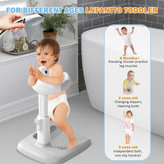 Portable Adjustable Baby Bath Stand with Sitting Stool, Anti-Slip Base & Safety Armrests