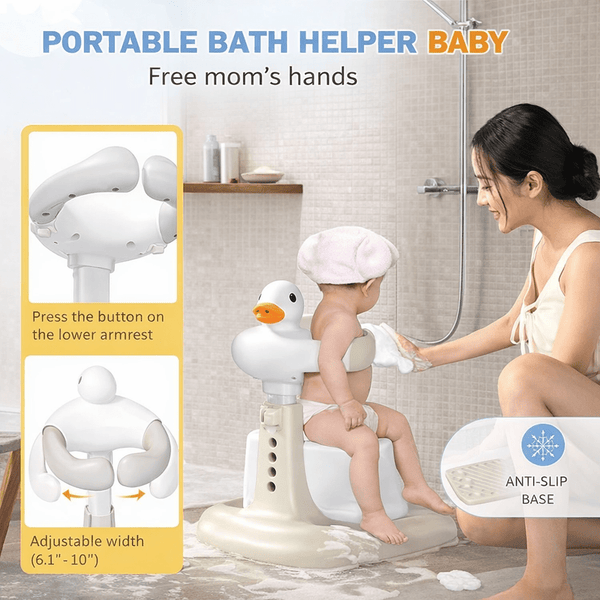 Portable Adjustable Baby Bath Stand with Sitting Stool, Anti-Slip Base & Safety Armrests