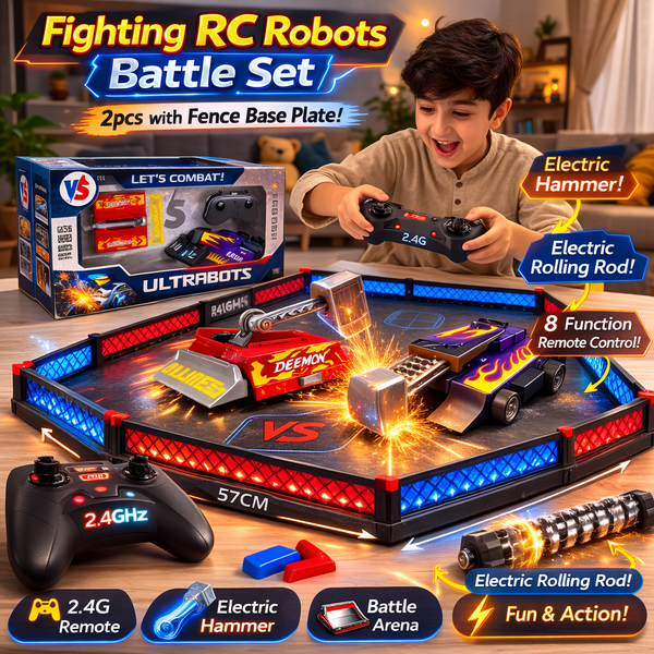 Ultrabots 2.4G RC Fighting Robot Arena Set – Dual 4WD Battle Cars with Electric Hammer & Rolling Rod