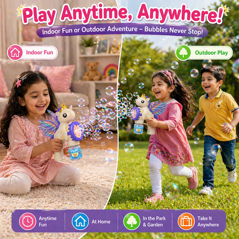 Unicorn Bubble Gun for Kids – LED Light-Up Bubble Blaster with Wings