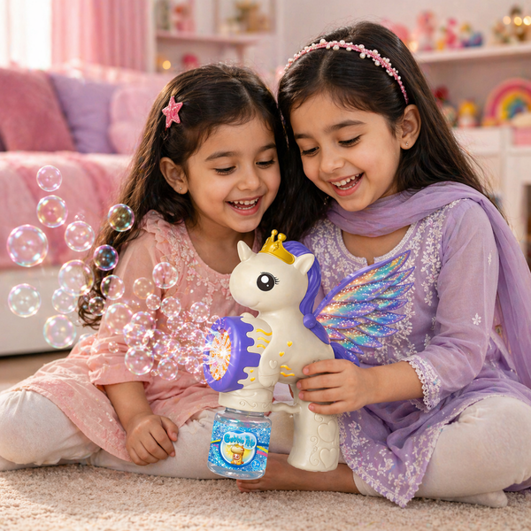 Unicorn Bubble Gun for Kids – LED Light-Up Bubble Blaster with Wings