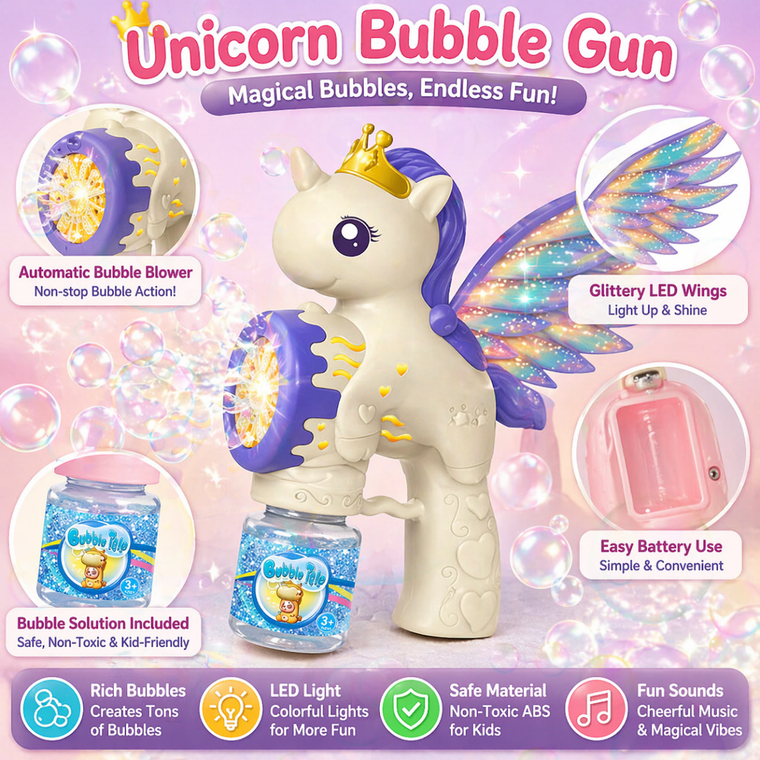 Unicorn Bubble Gun for Kids – LED Light-Up Bubble Blaster with Wings